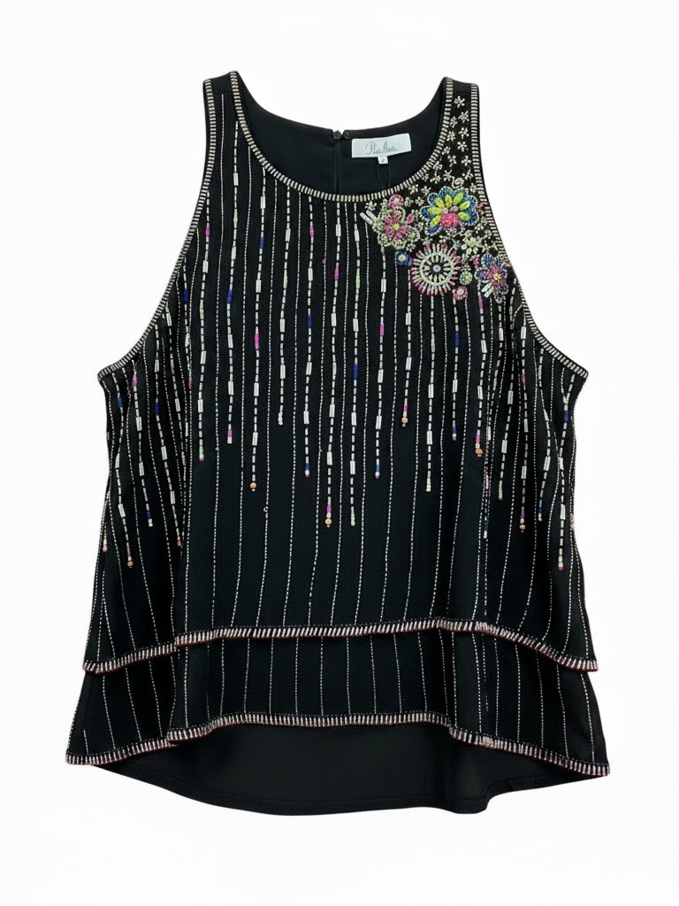 Parker Black With Colored Beaded Floral Halter Tank Top Size Xs
